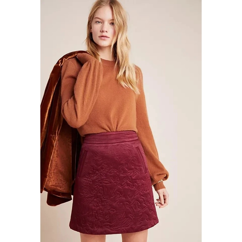 Anthropologie Maeve Size US 2 Beatrice Quilted Burgundy Wine Leaf Mini Skirt